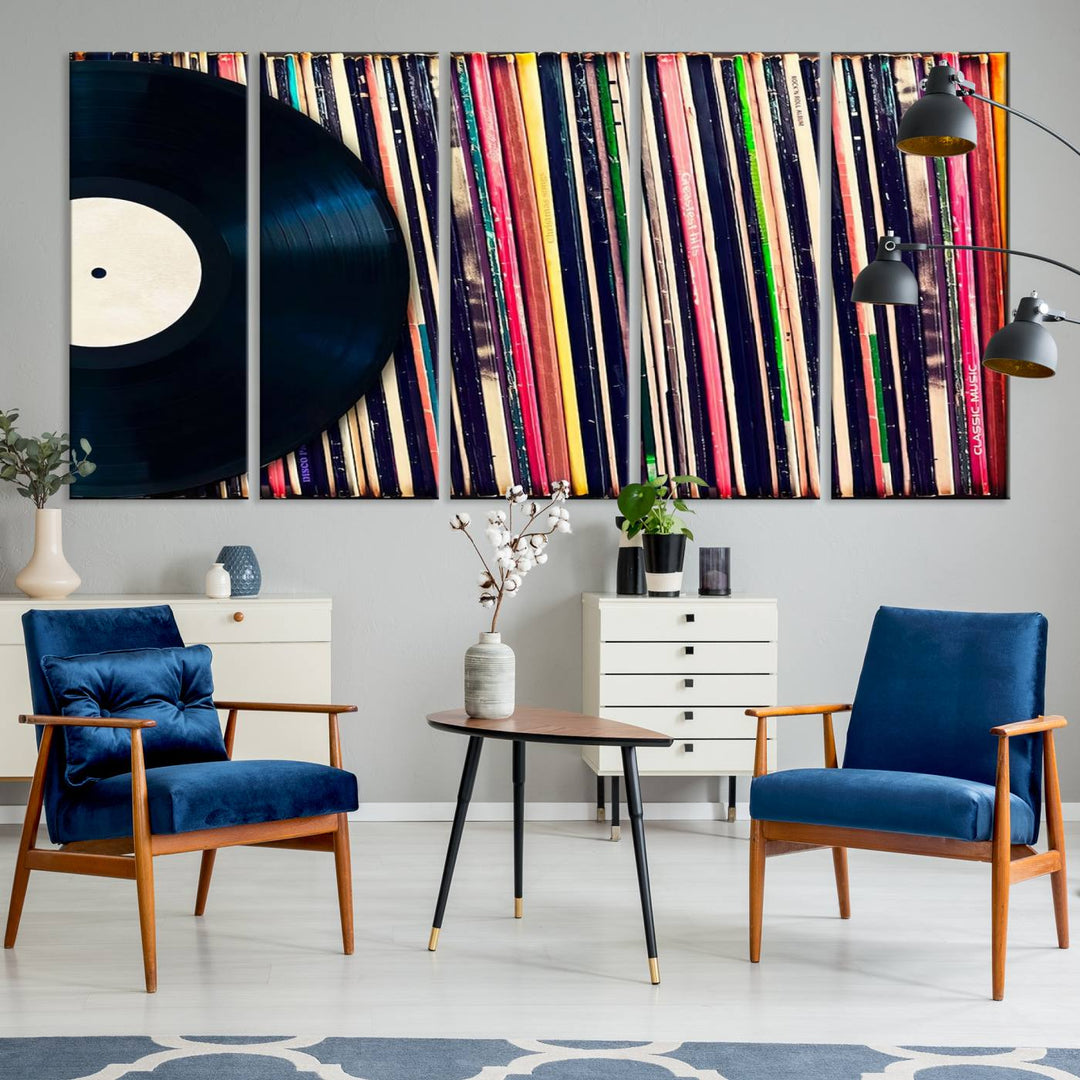 The room showcases the "Vinyl Record and Album Collection Canvas Wall Art," a perfect retro music decor piece for vintage vinyl lovers.