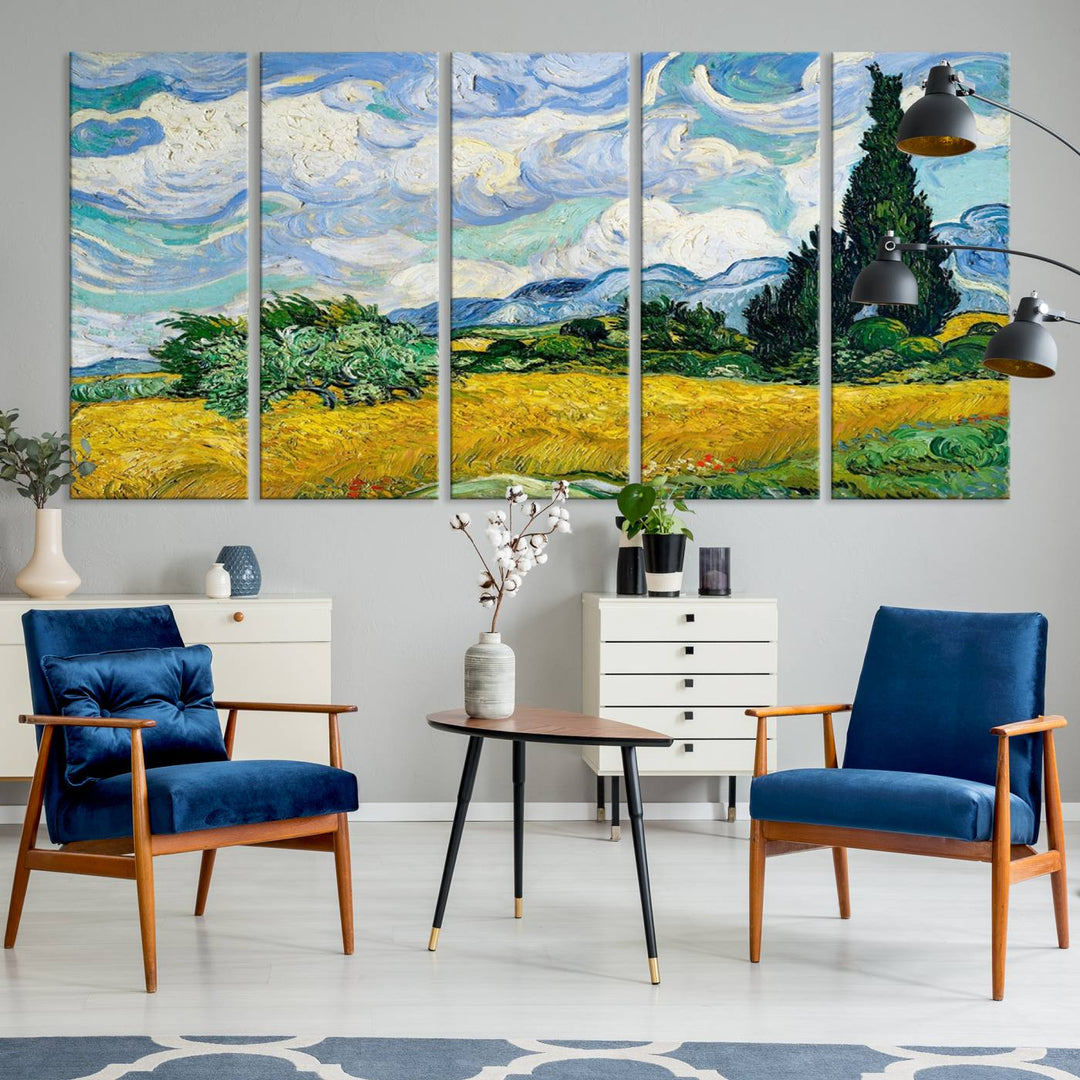 A contemporary living room features a large triptych of "Wheatfield With Cypresses By Van Gogh Painting Wall Art Canvas Print." Crafted on museum-quality canvas, this artwork brings a sense of elegance and craftsmanship reminiscent of professional artistry.