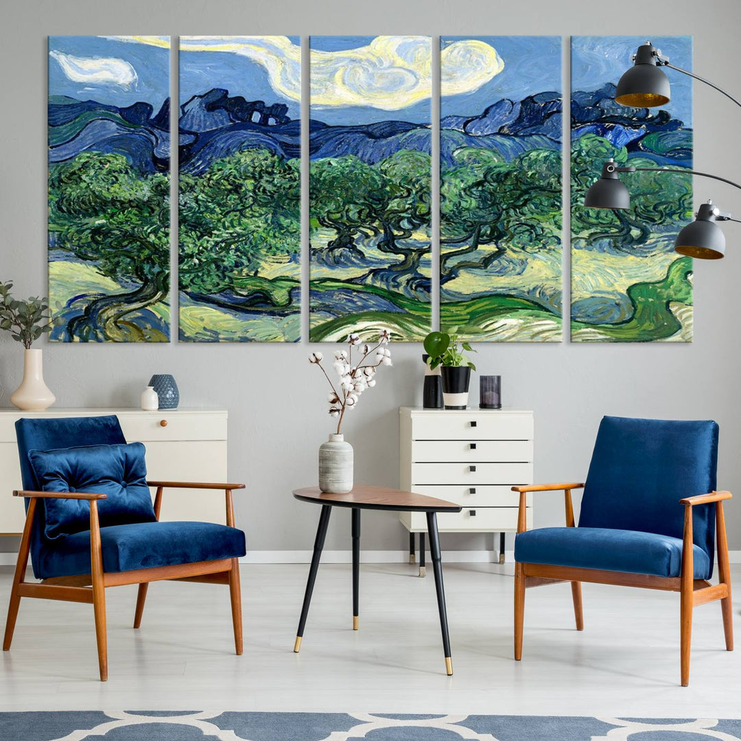 The Olive Trees Van Gogh Wall Art Canvas Print enhances the living room with its vivid landscape on museum-quality canvas, complete with a UV-protective coating.