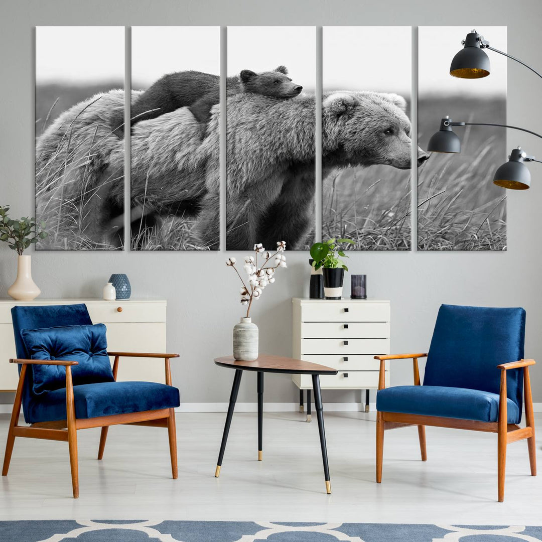 Baby Bear and Mom Bear Family Black & White Canvas Print Wall Art Canvas