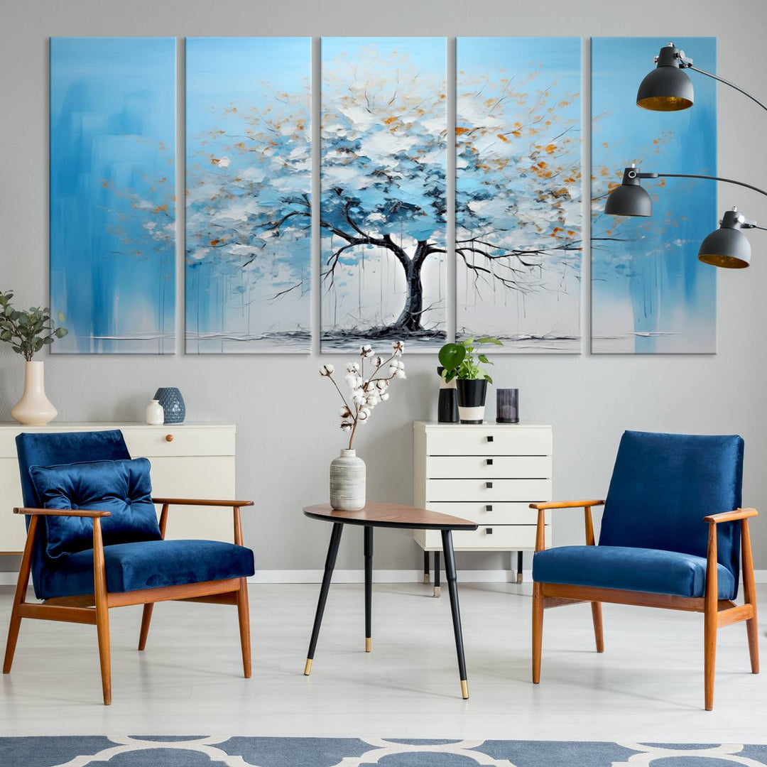 Modern living room featuring the Large Blue Abstract Tree Wall Art Canvas Printing. Enjoy the elegance with free shipping.