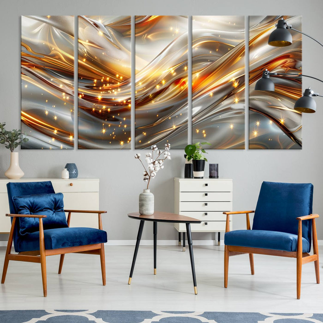 The Elegant Modern Gold Abstract Wall Art - Premium Framed Canvas Print for Home & Office Decor showcases a captivating triptych with swirling metallic designs and golden sparkles, perfectly enhancing contemporary interiors.