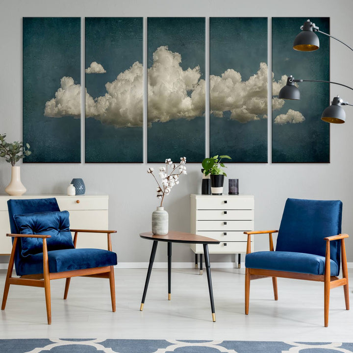 The Vintage Green Clouds Wall Art Canvas Print, set against a teal backdrop, showcases breathtaking canvas artwork with a gallery-quality finish.