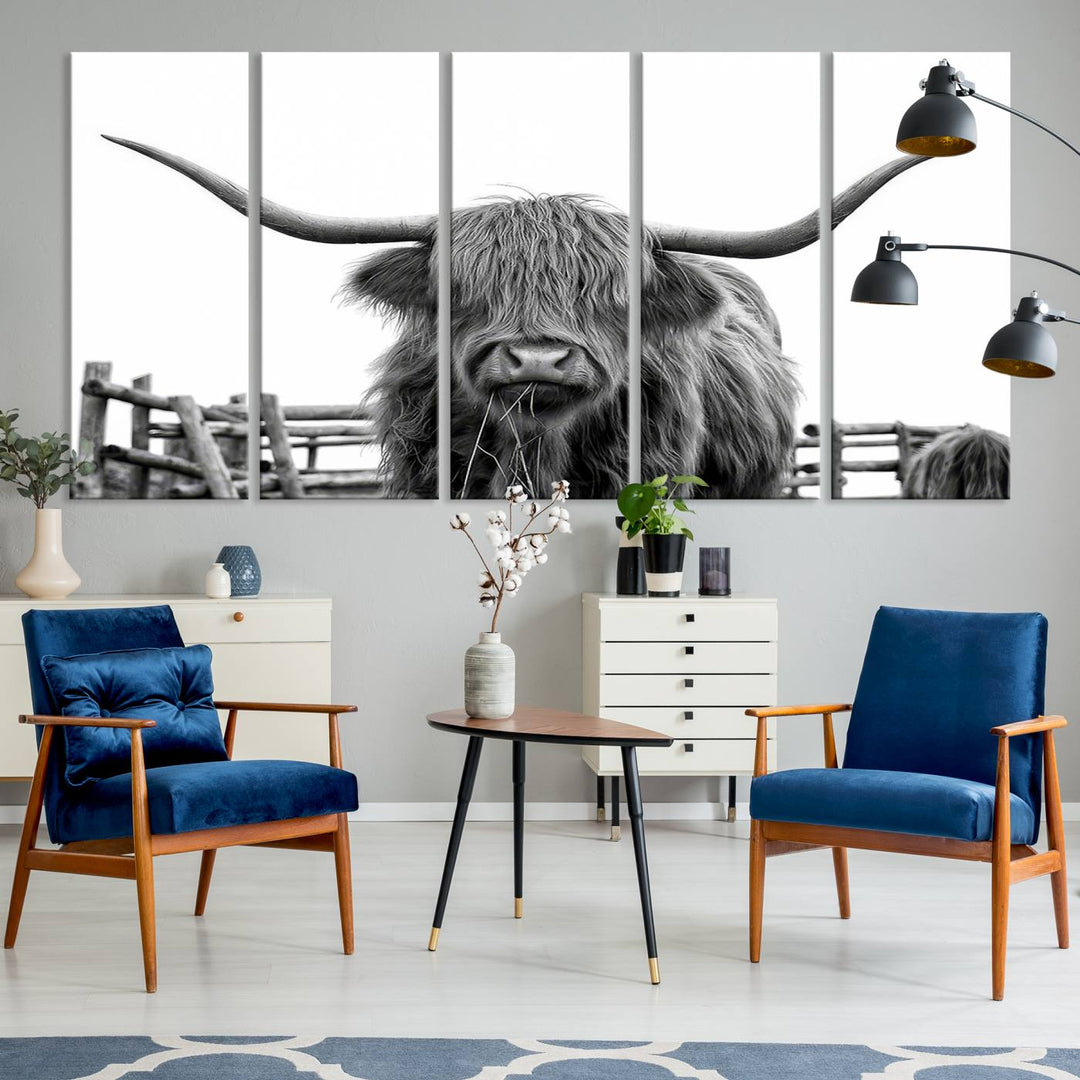 The Longhorn Canvas Print, featuring a black-and-white triptych of a Bighorn cow with shaggy fur and impressive long horns, is elegantly showcased. This wall art piece boasts a gallery-quality finish on premium canvas, bringing sophistication to any room.