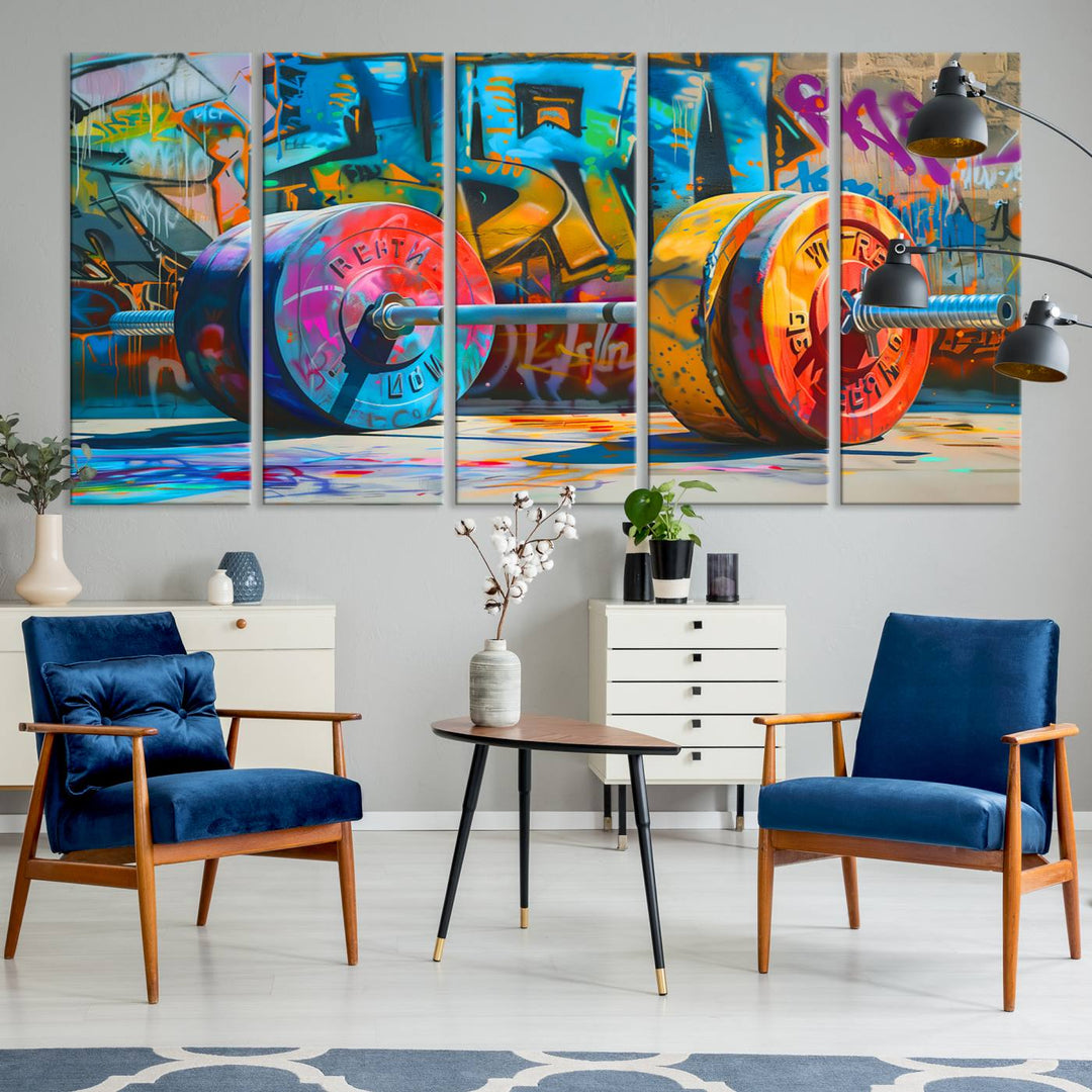 The Fitness Gym Barbell Graffiti Wall Art Canvas Print, a vibrant triptych featuring a barbell against a graffiti backdrop, elegantly hangs in the room. Crafted on premium canvas with a gallery-quality finish, this stunning piece of wall art effortlessly combines urban flair with sophisticated decor.