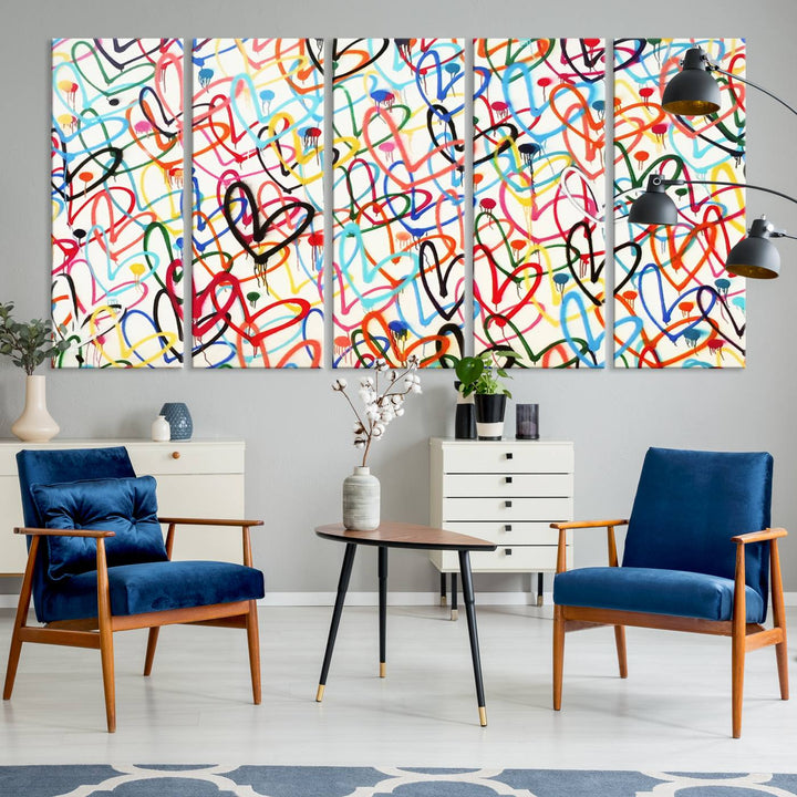 The "Colorful Love Canvas print," featuring vibrant abstract street art with overlapping loops, is handmade in the USA.