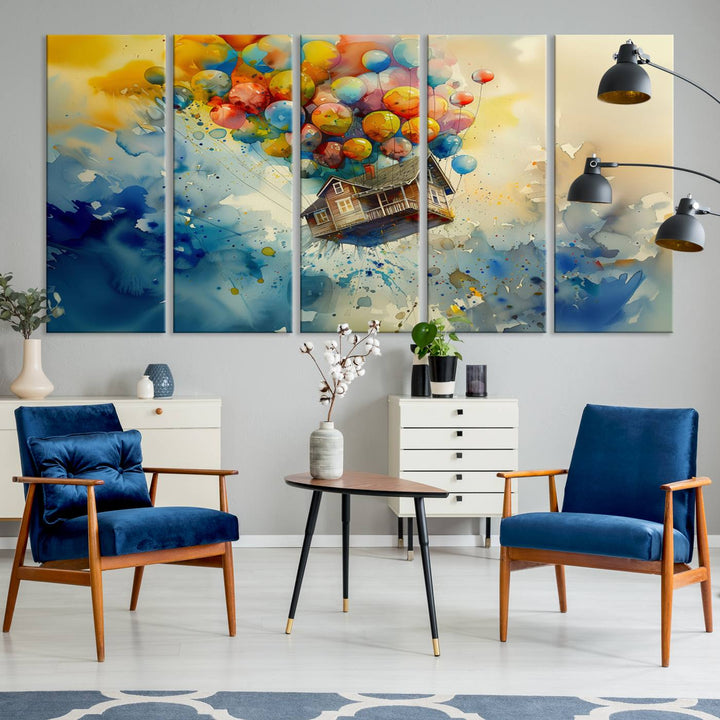 The Cartoon Movie Wall Art Canvas Print, featuring a vibrant house lifted by balloons and split across three panels, serves as captivating wall art. Handmade in the USA, it adds charm and whimsy to any space.