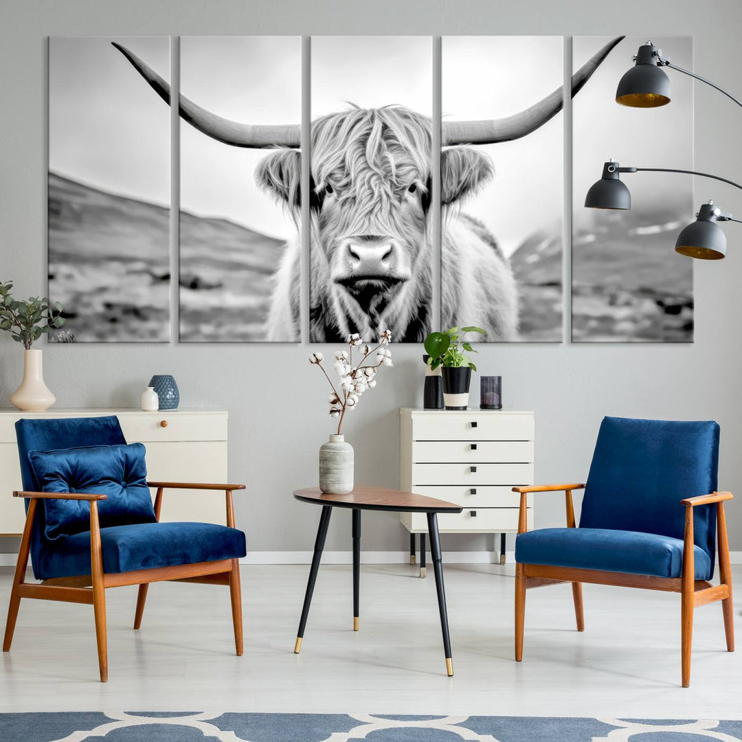 A "Scottish Cow Wall Art Canvas Print" with a gallery-quality finish hangs prominently.