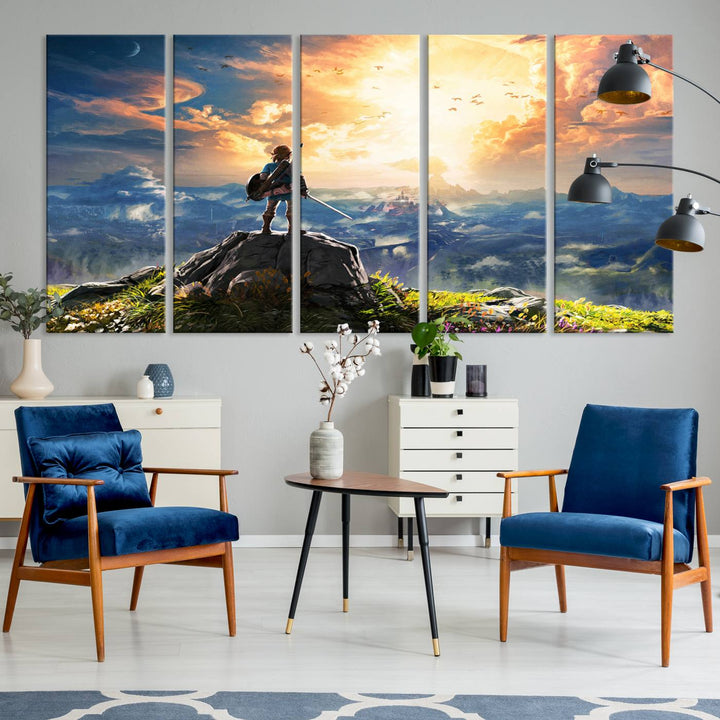 The Legend of Zelda Breath of the Wild Game Wall Art Canvas Print showcases a fantasy landscape with a character on a cliff, all rendered in gallery-quality finish on premium canvas.