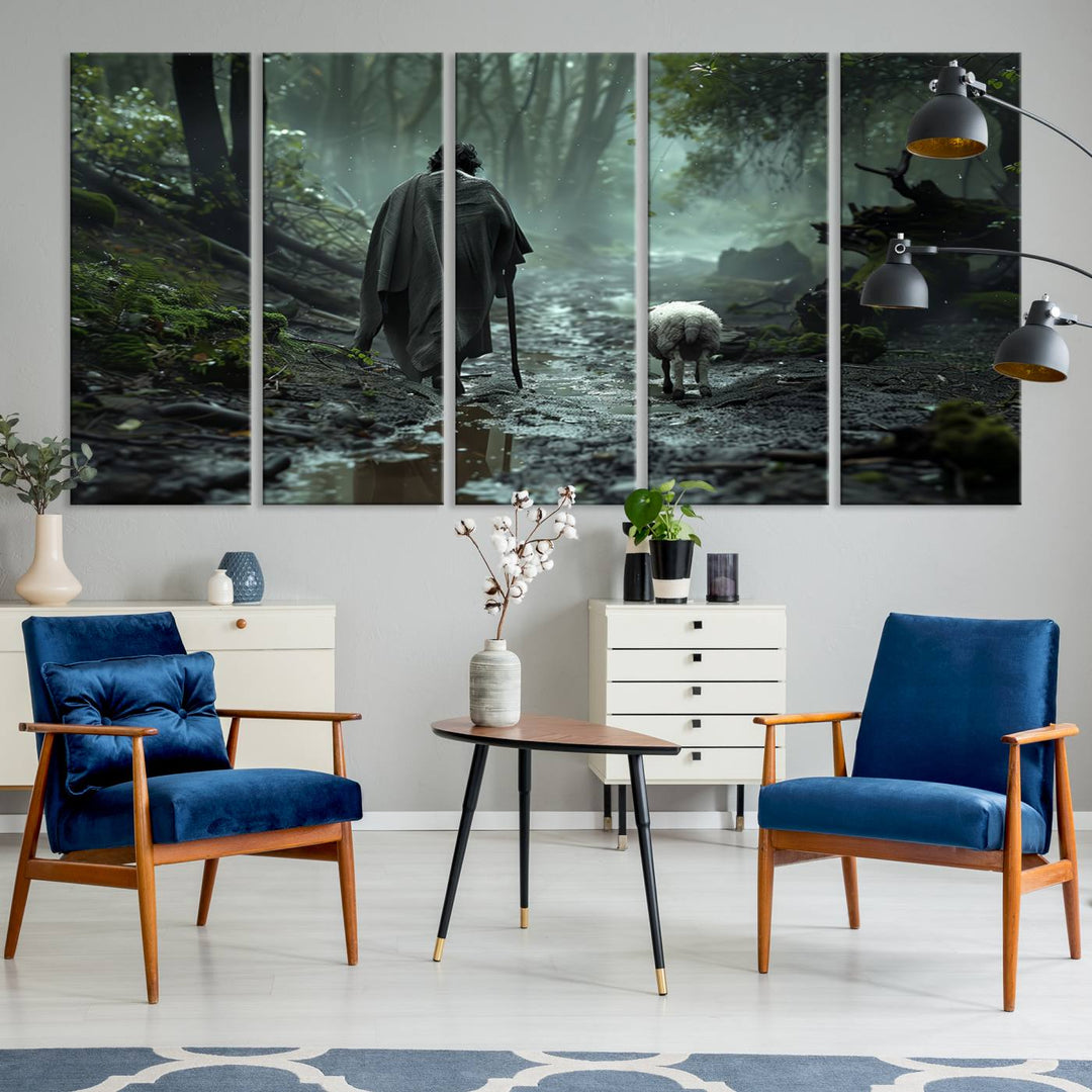 The "Forest Jesus Shepherd Canvas Wall Art" features a person with a cane, clothed in a cloak, walking beside a sheep through a misty forest. This piece captures tranquility and is ideal for adding serenity to your living room, office, or bedroom decor.