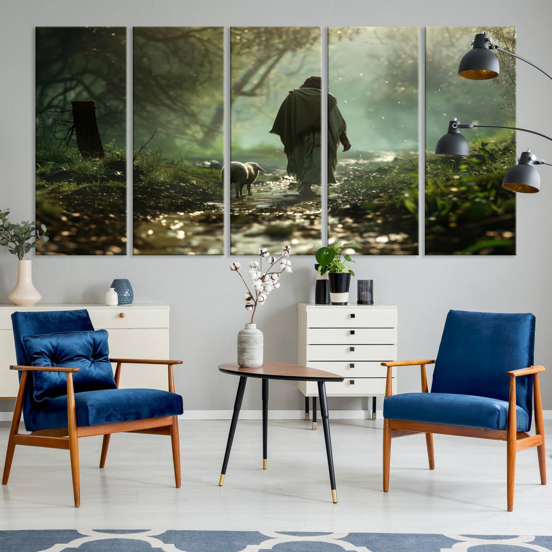 The wall art piece, titled "Jesus Shepherd a Lost Lamb Canvas Wall Art Print," is suspended on the wall and depicts a robed figure and a lamb wandering along a forest path.