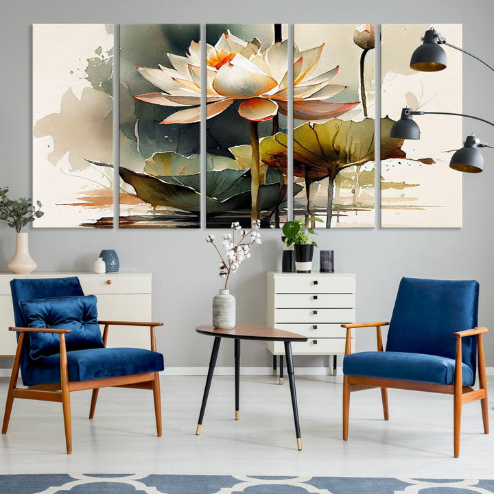 The Lotus Flower Watercolor Canvas Print, a contemporary wall art piece symbolizing serenity and growth with its soft watercolors, adorns the wall.