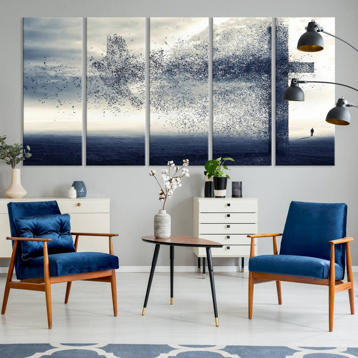 The "Jesus and the Fading Cross – Symbol of Faith" framed canvas print beautifully depicts a cross formed by birds against a moody sky above an ocean. This piece of Christian wall art infuses spirituality into the minimalist space.