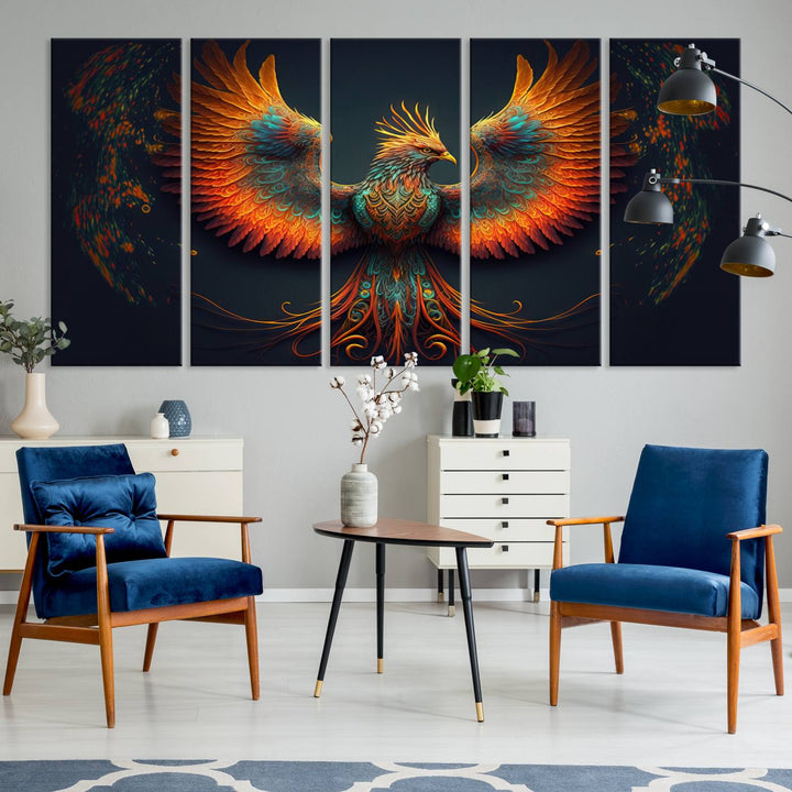 The Majestic Phoenix Wall Art Canvas Set, a fiery symbol of rebirth and strength, graces the wall.