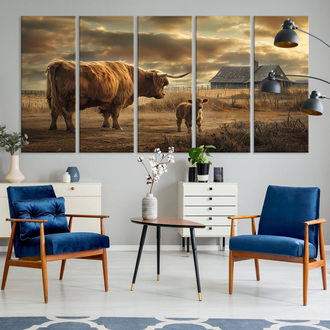 The living room features the "Highland Cow Canvas Wall Art Animal Print Pictures Fluffy Cattle Art," which captures a cow and calf in a rural sunset scene, adding gallery-quality charm.