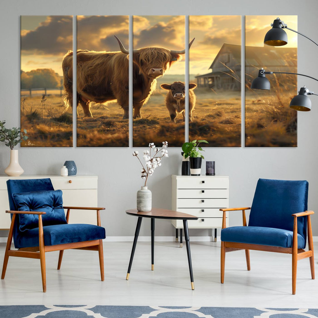 The "Highland Baby Cow Canvas Wall Art Animal Print" triptych art piece showcases a cow and calf in a sunlit field with a barn in the background.