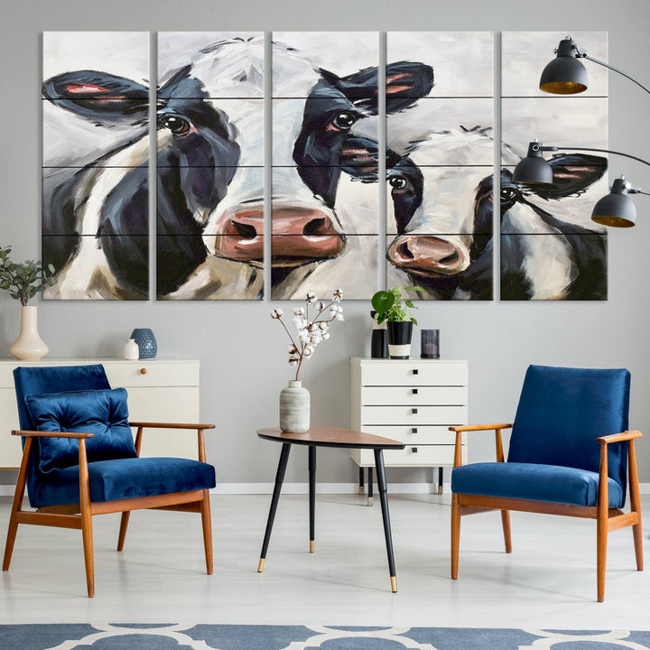 The Vintage Baby and Mom Cattle Wall Art Canvas Print is prominently displayed, adding a touch of contemporary and farmhouse decor to the modern living room.