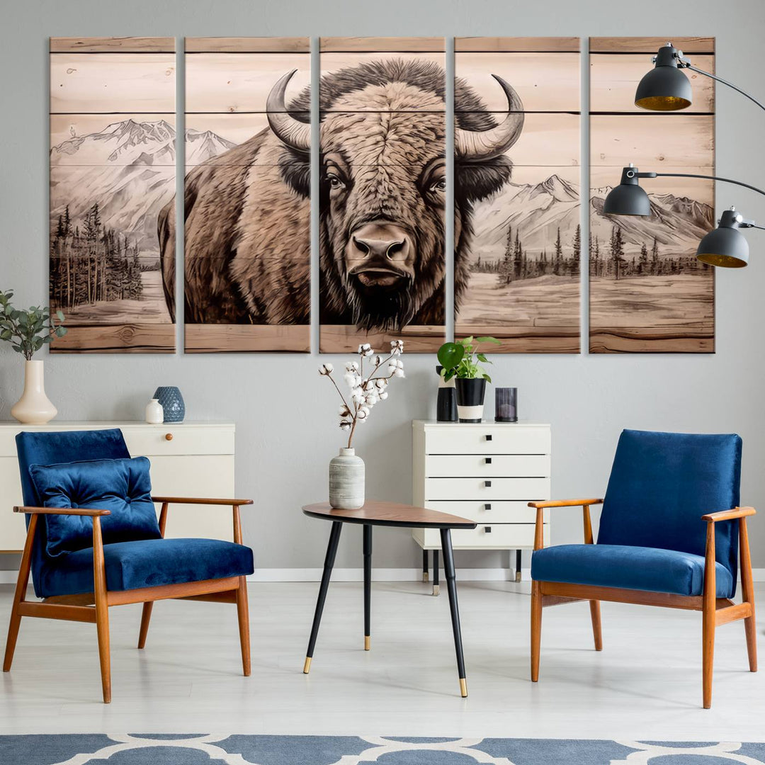 A stunning triptych artwork from the "Bison Canvas Wall Art American Buffalo Print Rustic Decor for Farmhouse Wall Art" collection graces the modern living room. Its vibrant colors are enhanced by museum-quality canvas and a UV-protective coating. The gallery-wrapped piece adds elegance to the space.