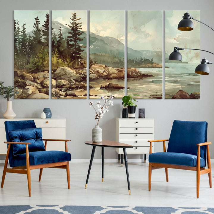 A triptych of the Abstract Acadia National Park Wall Art Canvas Print, featuring a stunning 3-panel design with elements like pine trees, rocks, and mountains, is elegantly displayed.