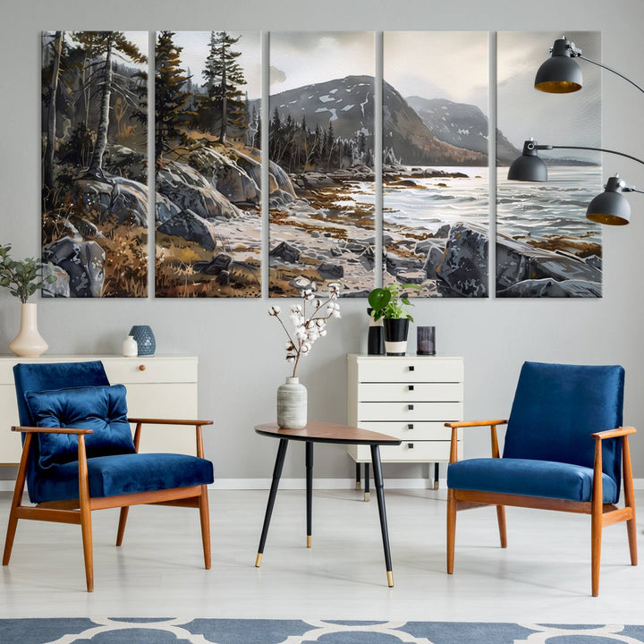 The stunning Serene Coastal View of Acadia National Park is a 3-panel wall art canvas print that beautifully captures a tranquil mountain and lake scene.