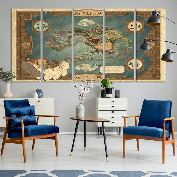 Hanging above is the Avatar: The Last Airbender Vintage Map - Wall Art Canvas Print, framed and ready to hang, showcasing an enchanting glimpse into the iconic four nations design.