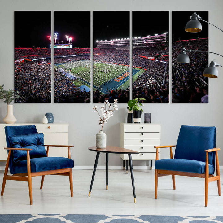 Ben Hill Griffin Stadium Night Game Triple Canvas Wall Art - Florida Gators Football Match