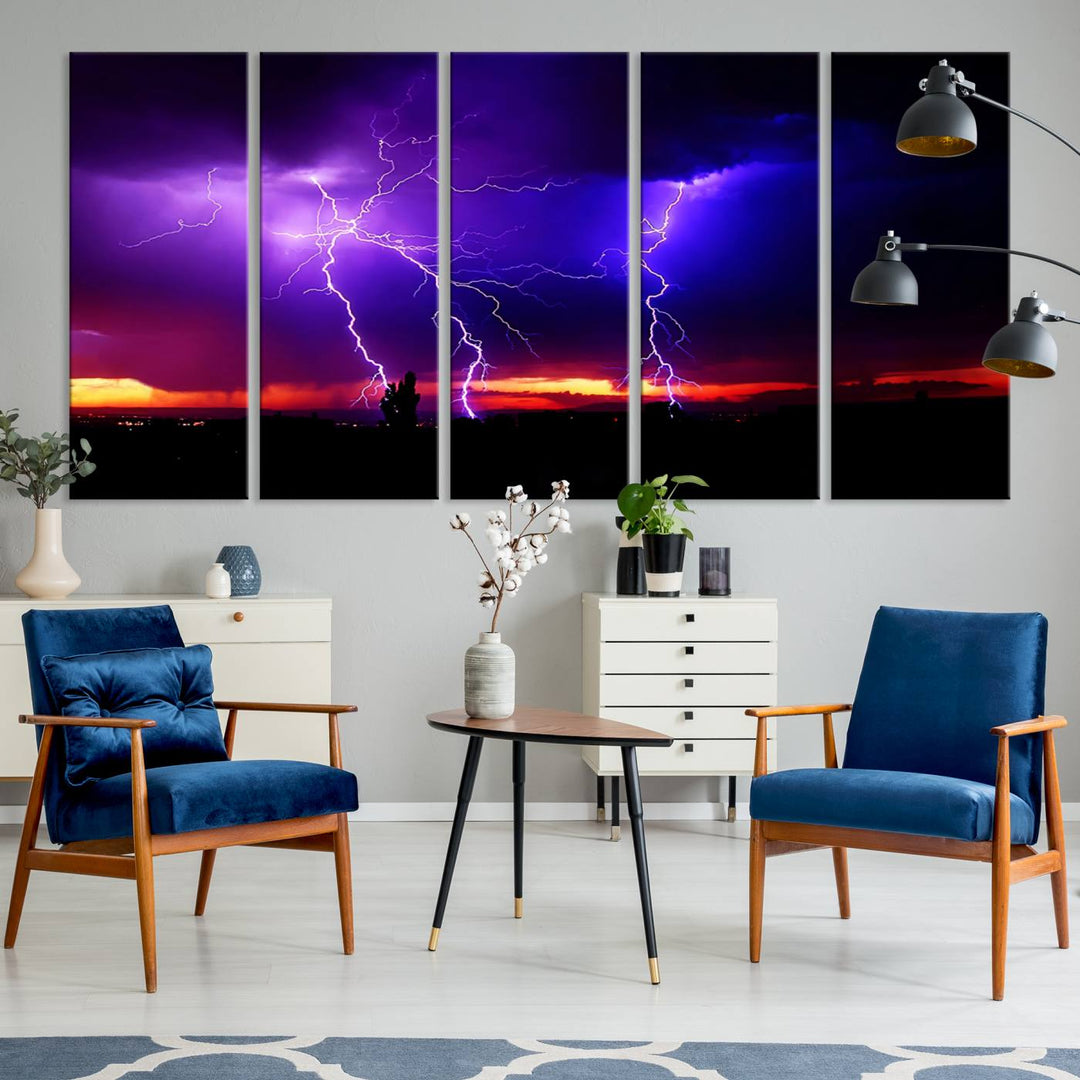 Electrifying Sunset Thunderstorm Canvas Print – Dramatic Lightning and Vibrant Sunset Wall Art