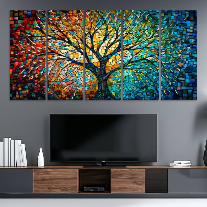 Explore the Yggdrasil Tree of Life Wall Art Print, a 3-panel canvas print made in the USA, featuring a vibrant multicolor mosaic design.