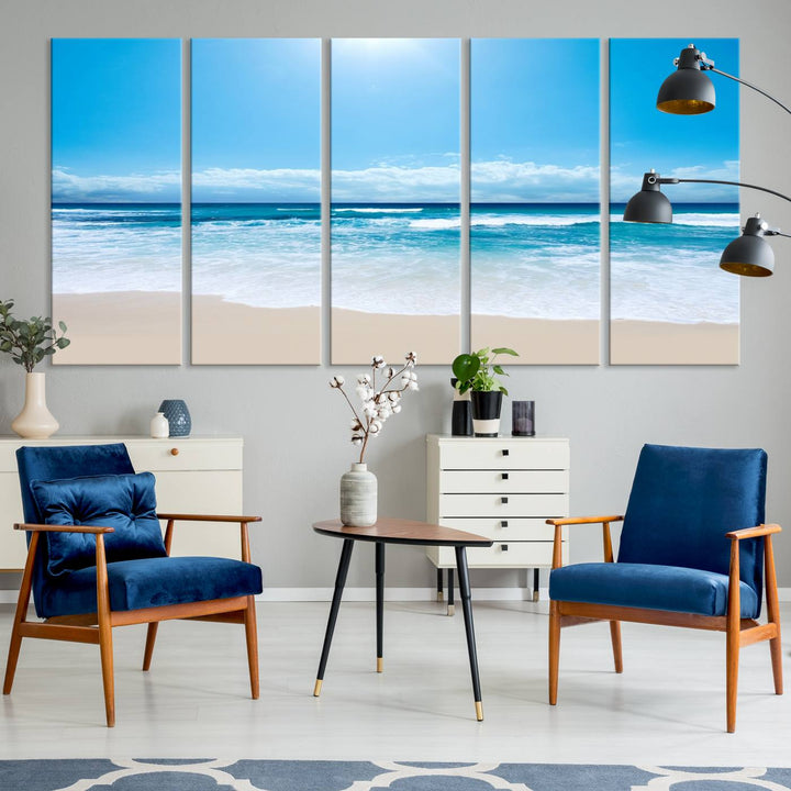 Lienzo decorativo para pared grande con estampado de mar y playa azul brillante