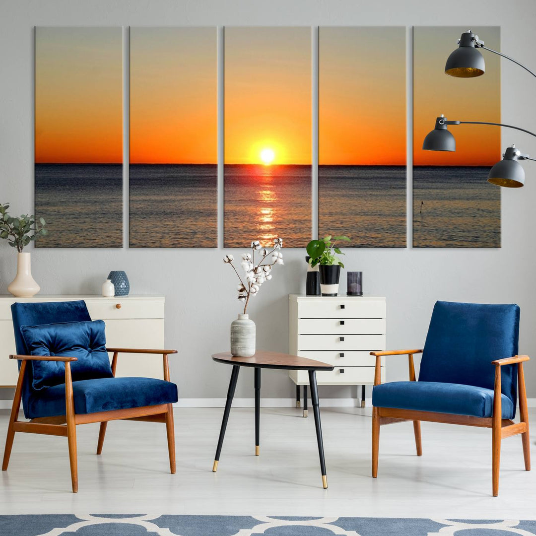 Golden Horizon Sunset Over Ocean Wall Art Canvas Print – Tropical Beach Canvas Wall Art – Giclee Print for Coastal Theme Decor Print