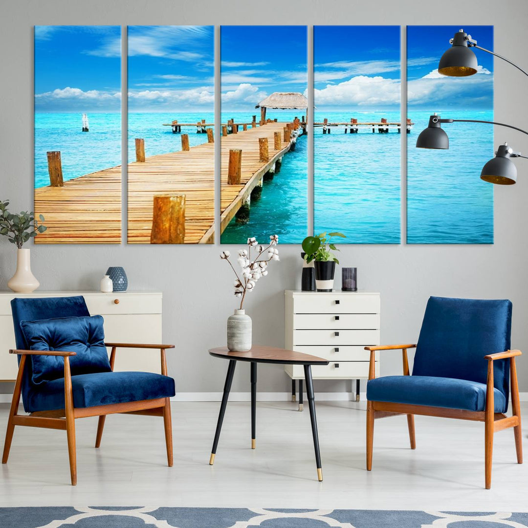 Tropical Pier Triptych Wall Art, Stunning Turquoise Ocean and Wooden Dock Canvas Print, Coastal Beach House Decor, Ocean View Canvas Art