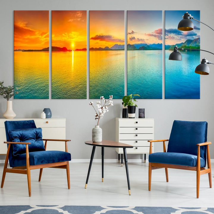 Impresión en lienzo de arte de pared grande, puesta de sol colorida, mar y montaña para decoración de sala de estar