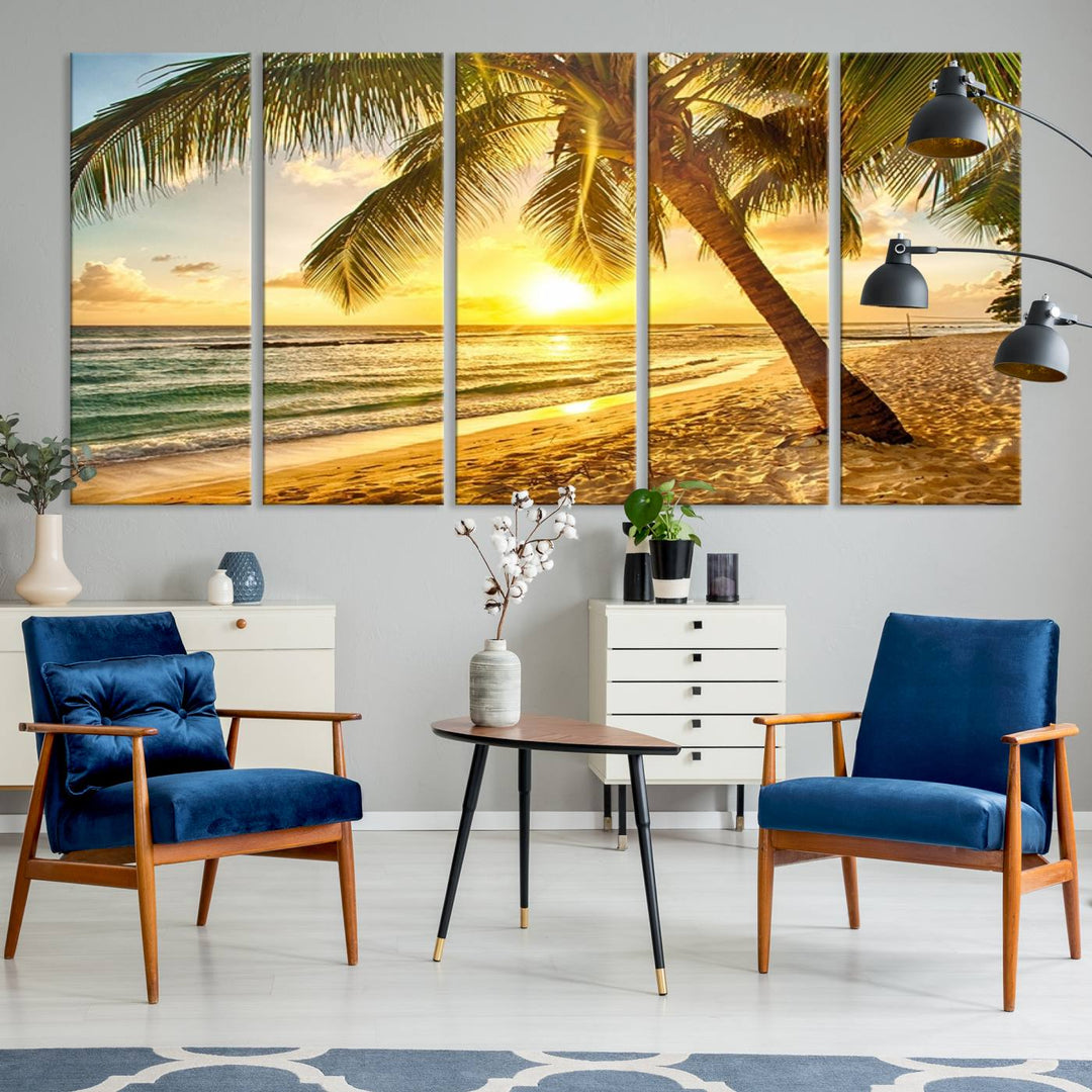 Impresión en lienzo de arte de pared grande Palmera en la playa al atardecer brillante