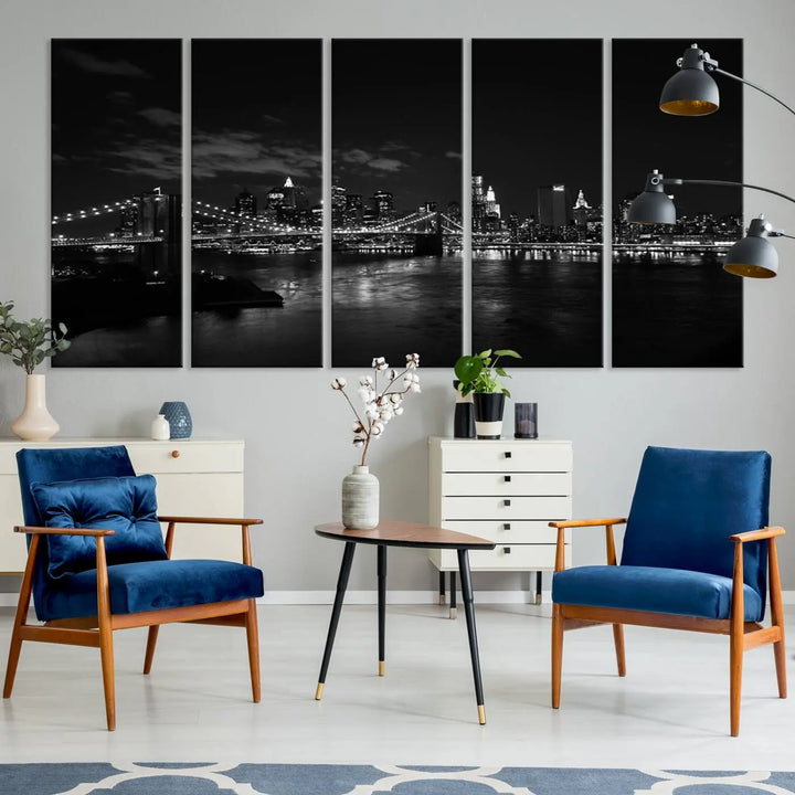 The "NEW YORK Canvas Prints Black and White Brooklyn Bridge Print" is a stunning triptych showcasing the iconic city skyline and bridge. Printed on museum-quality canvas with a UV-protective coating, it is ready to hang and instantly elevates your decor.