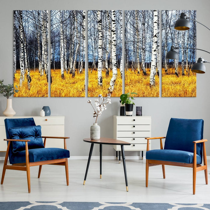 Impression d’art mural de bouleaux, art mural paysage, impression sur toile, arbres sans feuilles sur fond jaune