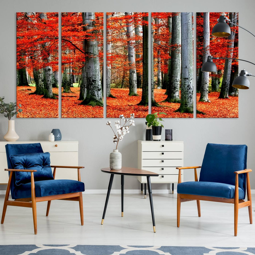 Impression sur toile de paysage d'art mural, feuilles rouges sur des arbres sur fond rouge