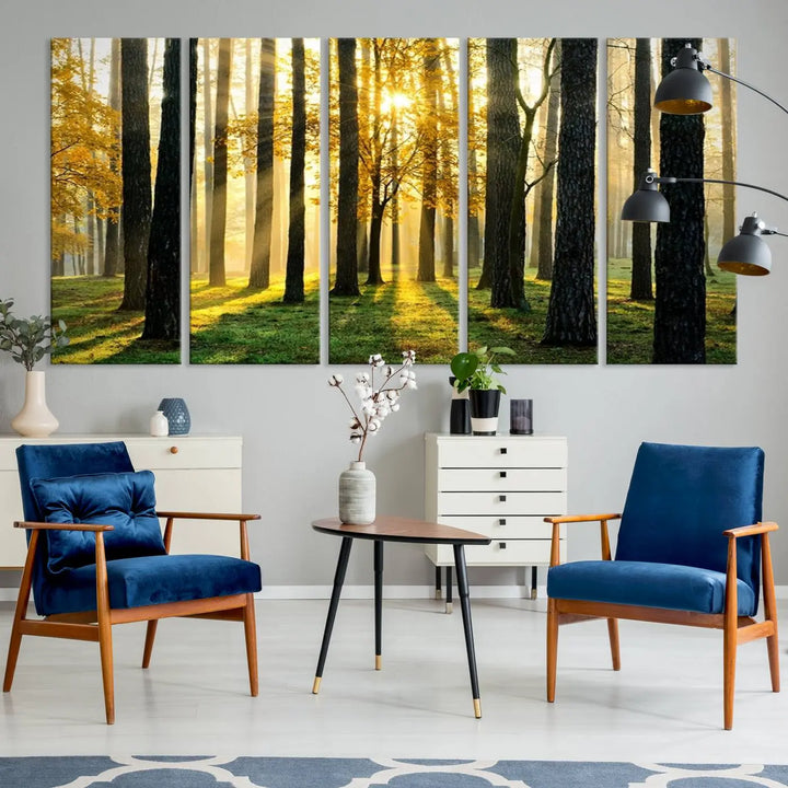 The living room is enhanced by the "Wall Art Landscape Canvas Print Tall Trees in Forest at Sunset" on museum-quality canvas. This triptych, complete with a UV-protective coating, is ready to hang and adds an artistic touch to the space.