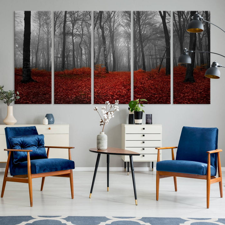 Impression sur toile de paysage d'art mural, forêt merveilleuse avec des feuilles rouges au sol