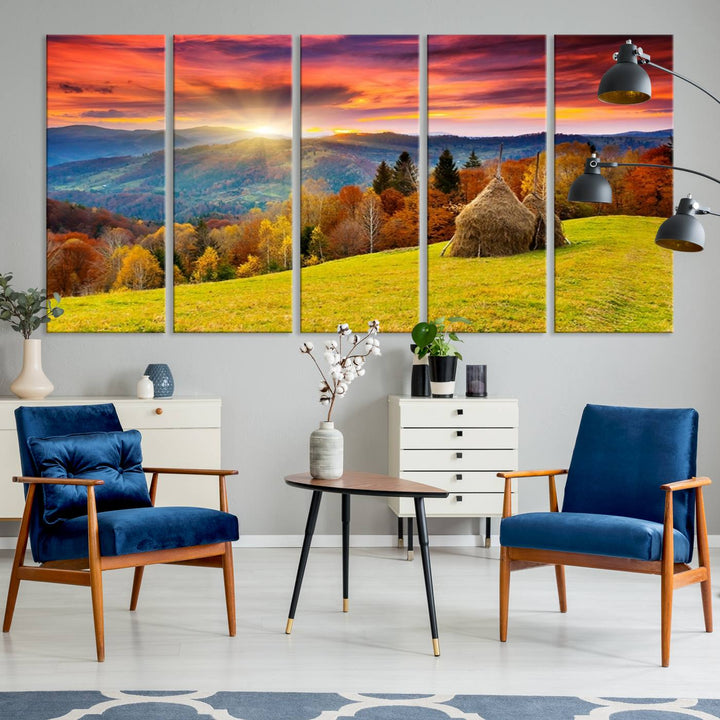 Impression sur toile de paysage d'art mural, tous les tons de vert au coucher du soleil