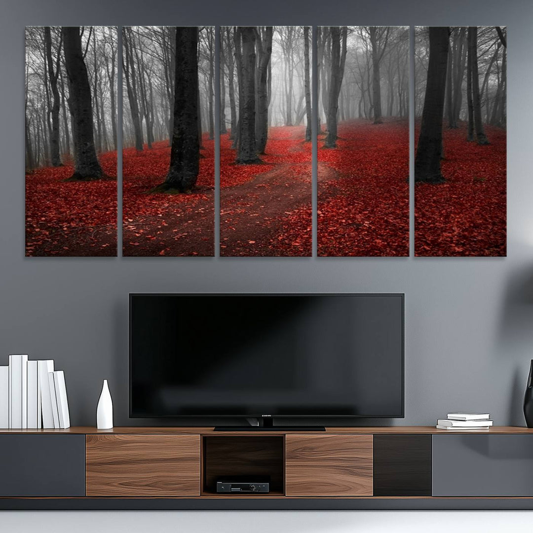 Wonderful Forest artwork: Triptych with red leaves, ideal for nature lovers.