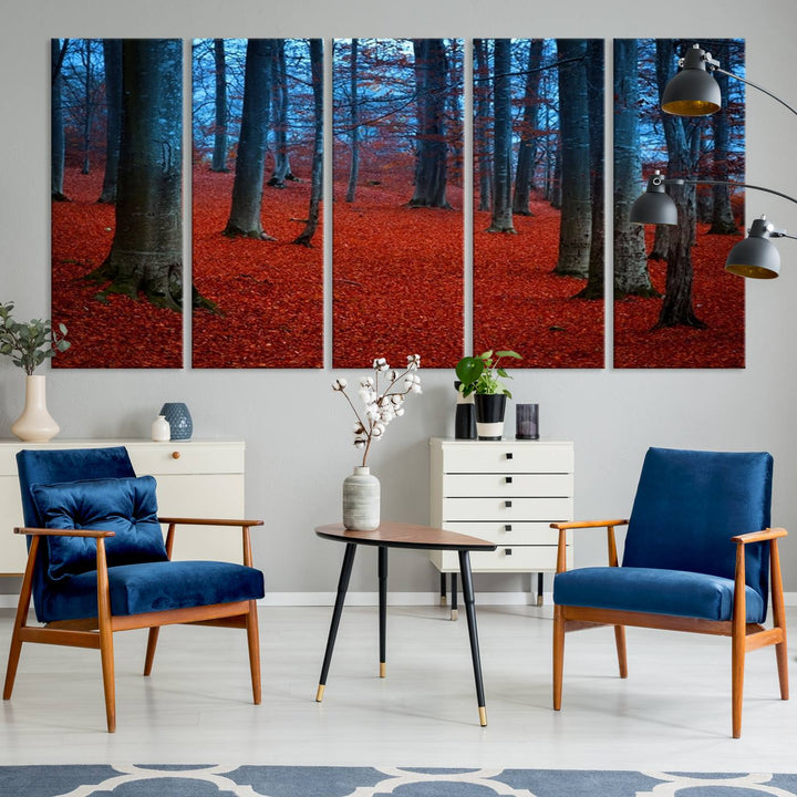 Impression sur toile de paysage d'art mural, feuilles rouges dans la forêt bleue