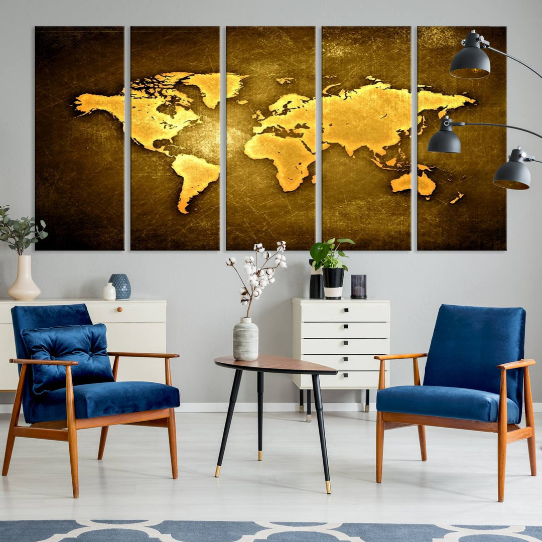 Yellow World Map on Metalic Yellow Background 