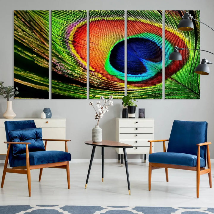 The living room features the "Colorful Peacock Feather Wall Art Print," showcasing a vibrant green, blue, and orange design elegantly displayed above a modern sofa.