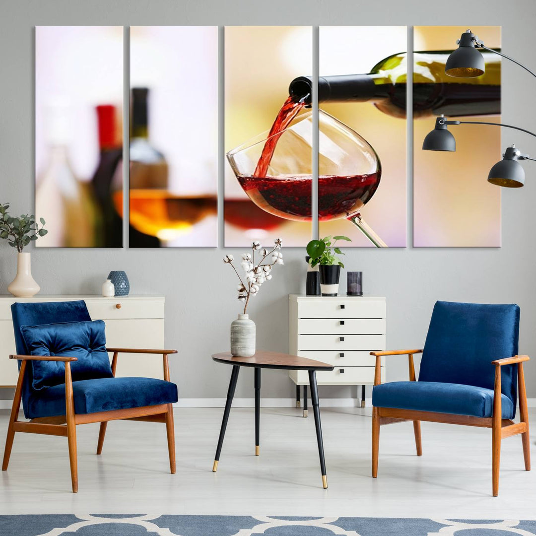 The Filling Red Wine into Glass Red Wine Canvas Print showcases a wine bottle pouring red wine into a glass. This scene, captured on museum-quality canvas, promises timeless elegance and comes with free shipping for effortless delivery to your doorstep.