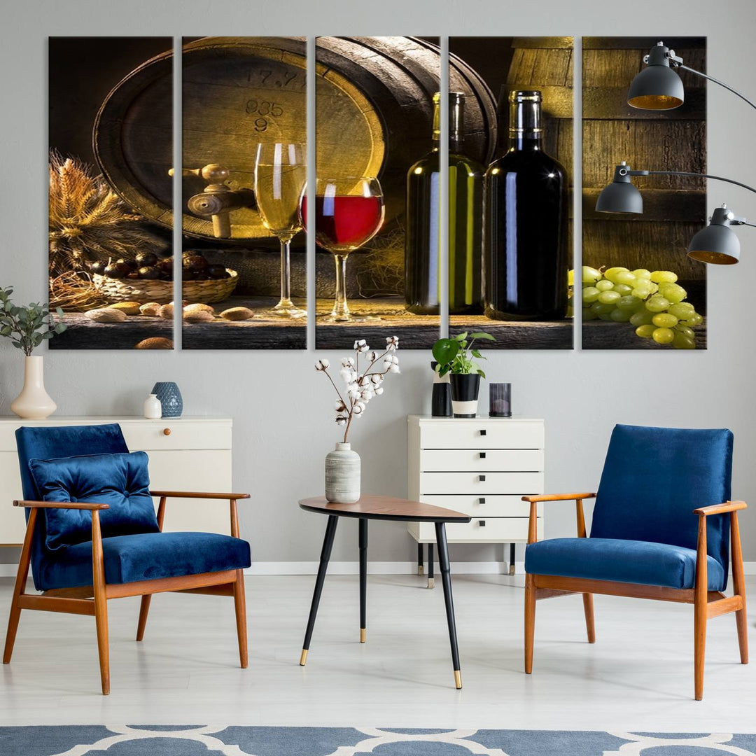 Explore the "Wall Art Red and White Wine with Bottles and Tun Canvas Print," a triptych on gallery-wrapped, museum-quality canvas. Featuring a wine barrel, bottles, and a glass of red wine, it includes a UV-protective coating for lasting vibrancy.