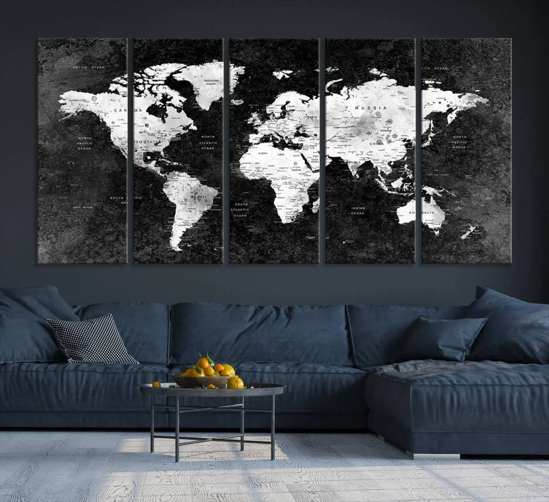 Modern Grayscale World Map 3-Panel Canvas Art | Ready to Hang, Framed | Stylish Minimalist Wall Décor for Home, Office, Living Room, or Study Spaces 