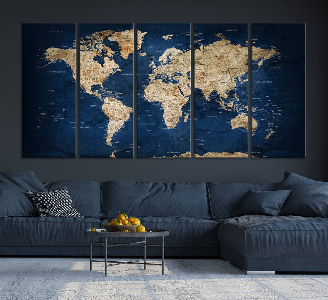 A triptych canvas print titled "Vintage Blue World Map Canvas Print - Classic World Map Design on Deep Blue Wall Art Print" adorns the wall, enhancing the decor with its antique style.