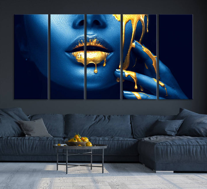 Neón Azul Oro Labios Sensual Fotografía Lienzo Pared Arte Impresión Moda Arte Belleza