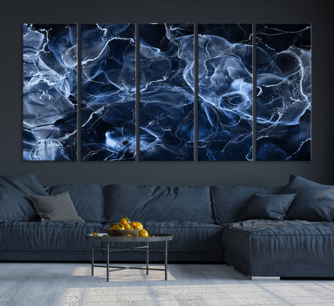 Arte de pared grande con efecto ahumado de mármol azul, lienzo abstracto moderno, impresión artística de pared