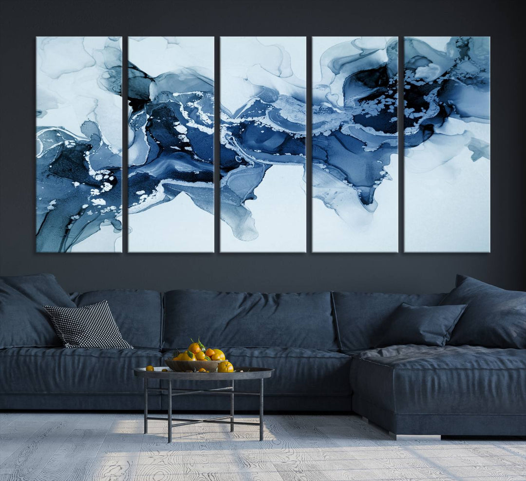 Arte de pared grande con efecto fluido de mármol azul hielo, lienzo abstracto moderno, impresión artística de pared